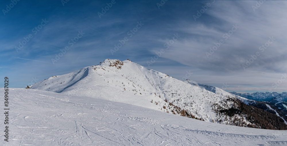 Winter landscape in Tre Cime Dolomiti, or Drei Zinnen Dolomites. Monte Elmo Sesto , Italy. January 2020