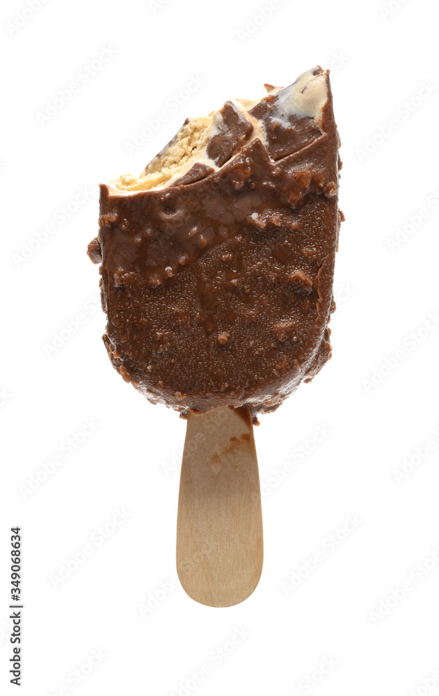 half eaten chocolate and coffee flavor popsicle on white background half eaten chocolate and coffee flavor popsicle on white background