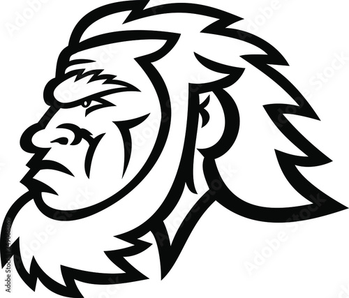 Mascot icon illustration of head of a primitive caveman, Cro-Magnon or neanderthal, an extinct species of archaic humans viewed from side in Black and White retro style.