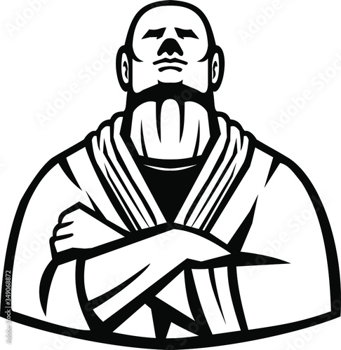 Mascot icon illustration of a Brazilian Jiu Jitsu or Gracie Jujutsu master with arms folded viewed from font  on isolated background in Black and White retro style.