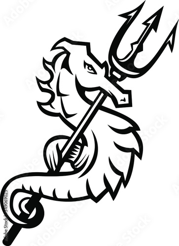Mascot icon illustration of a seahorse, a small marine fish, holding a trident viewed from side on isolated background in Black and White retro style.