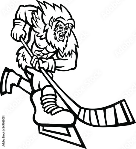Mascot icon illustration of an aggressive Yeti or Abominable Snowman, a folkloric ape-like creature, with hockey stick playing ice hockey on isolated background in Black and White retro style.