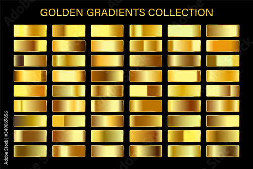 Golden glossy gradient, gold metal foil texture. Color swatch set. Collection of high quality vector gradients. Shiny metallic background.