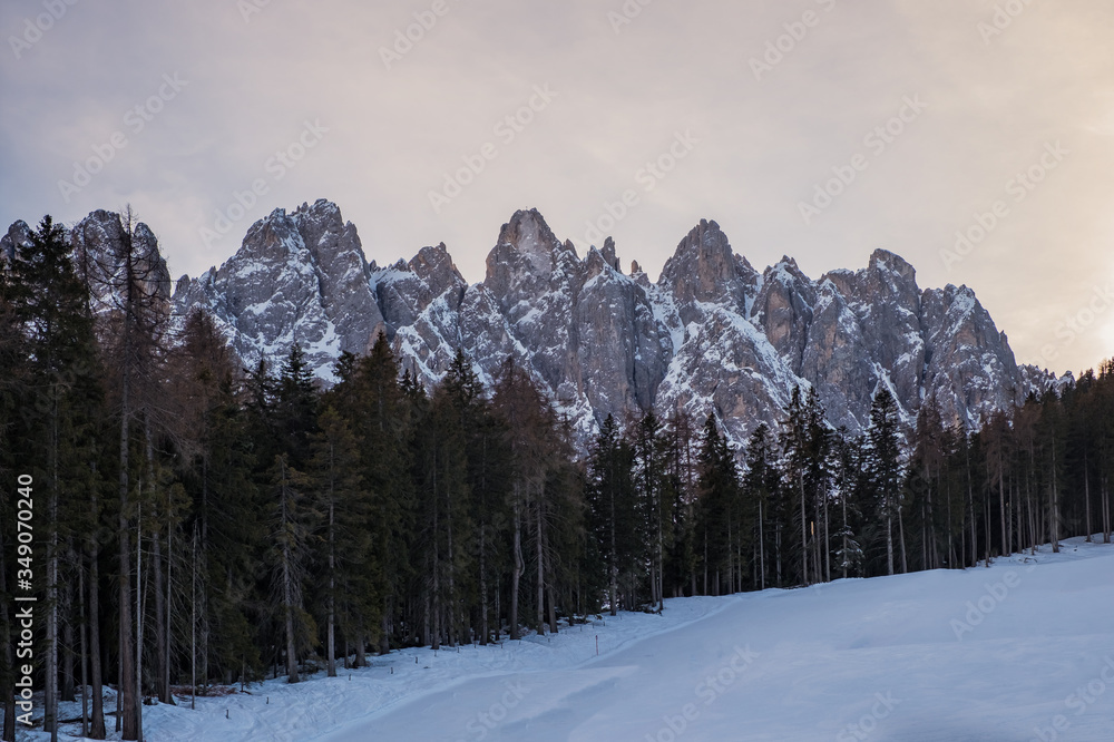 Ski slope in Dolomites, Italy - Haunold Monte Baranci. January 2020