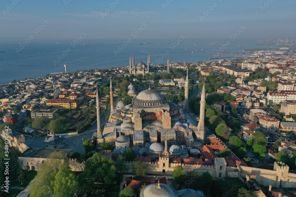 Hagia Sophia and Blue Mosque aerial view. One of the oldest churches in the world.