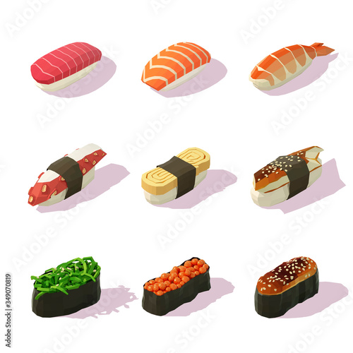 Set of isometric sushi. Low poly 3d vector illustration.