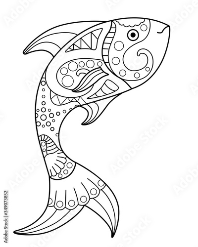 Fish emerges - vector linear coloring antistress. Jumping fish - an element for antistress coloring about the sea and its inhabitants. Outline.