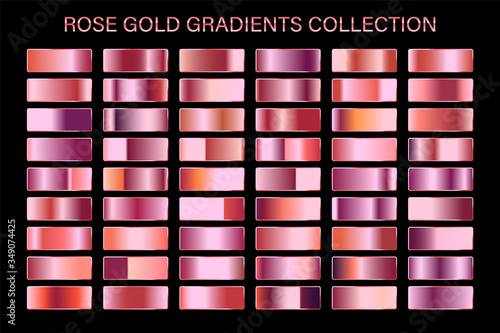 Rose gold glossy gradient, metal foil texture. Color swatch set. Collection of high quality vector gradients. Shiny metallic background.