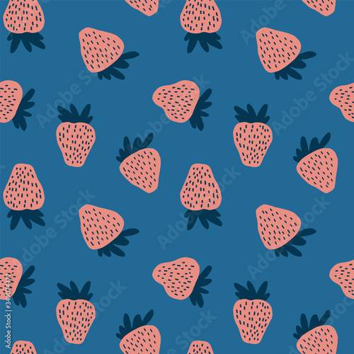 Cute kids (children) fruit fruity vector seamless repeat surface pattern of pink strawberry illustration on a blue background. Ideal for wallpaper, home decor, stationary, textile and branding.