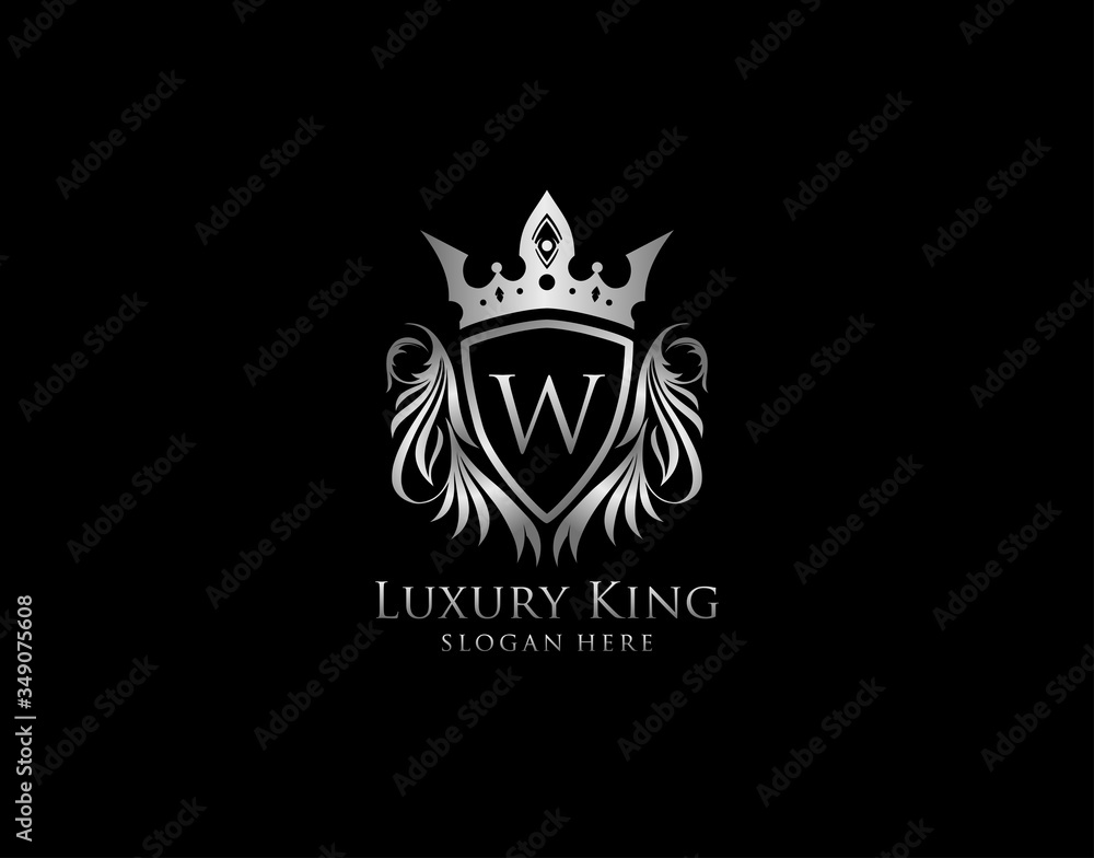 W Letter Luxury Royal King Crest, Silver Shield Logo template W Letter Luxury Royal King Crest, Silver Shield Logo template