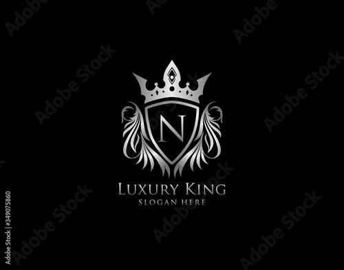 N Letter Luxury Royal King Crest, Silver Shield Logo template