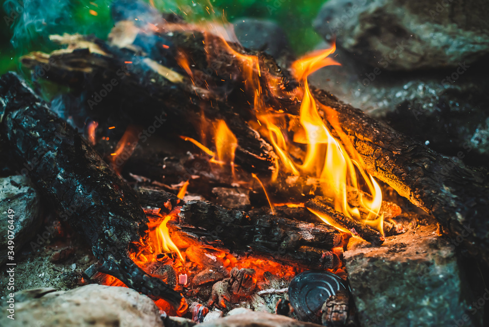 Vivid smoldered firewoods burned in fire close-up. Atmospheric warm background with orange flame of campfire and blue smoke. Wonderful full frame image of bonfire. Burning logs in beautiful fire. Vivid smoldered firewoods burned in fire close-up. Atmospheric warm background with orange flame of campfire and blue smoke. Wonderful full frame image of bonfire. Burning logs in beautiful fire.