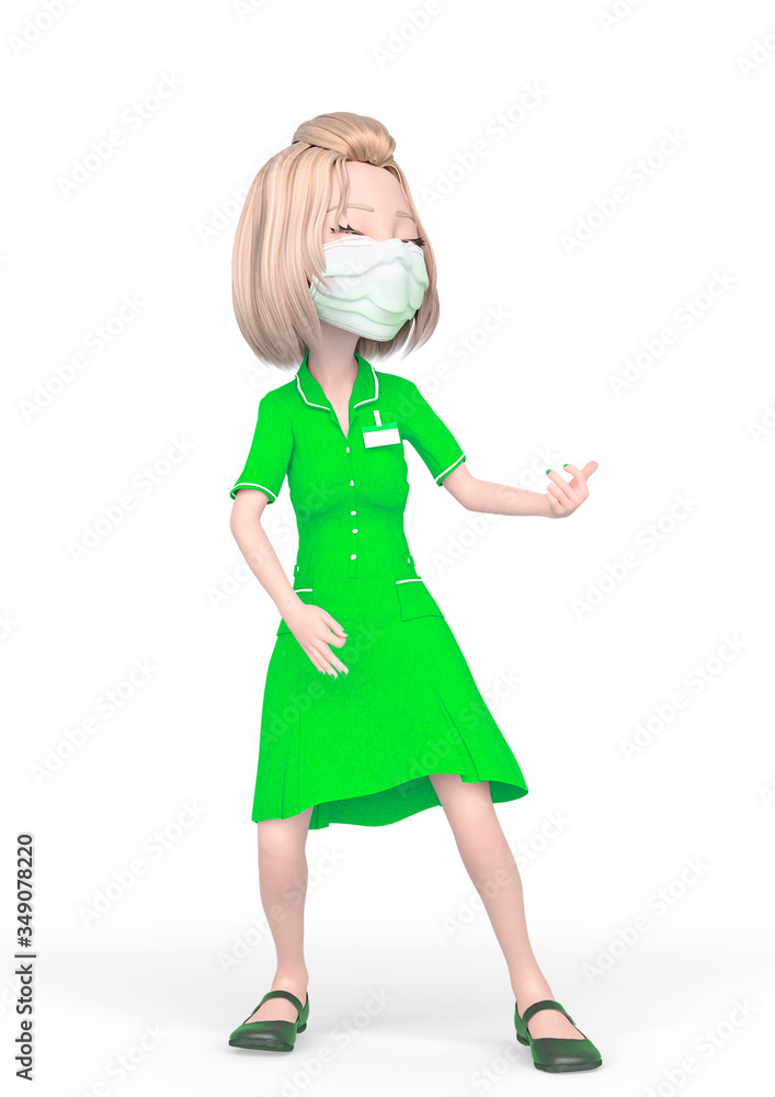 blond nurse cartoon wearing mask is singing and doing an air guitar pose