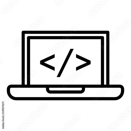 Programming, web development concept vector icon in line art style on white background, Code on the screen laptop, Programming concept illustration, Web developer concept illustration, Coding vector