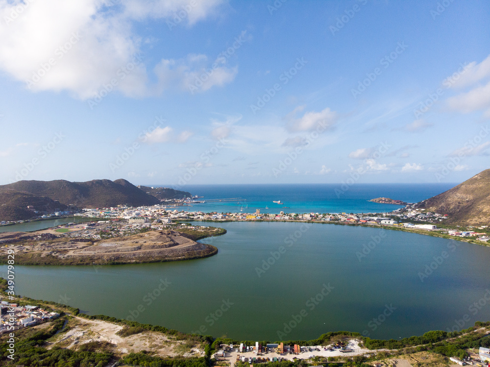 Aerial view of the salt pond in the island of st.maarten.