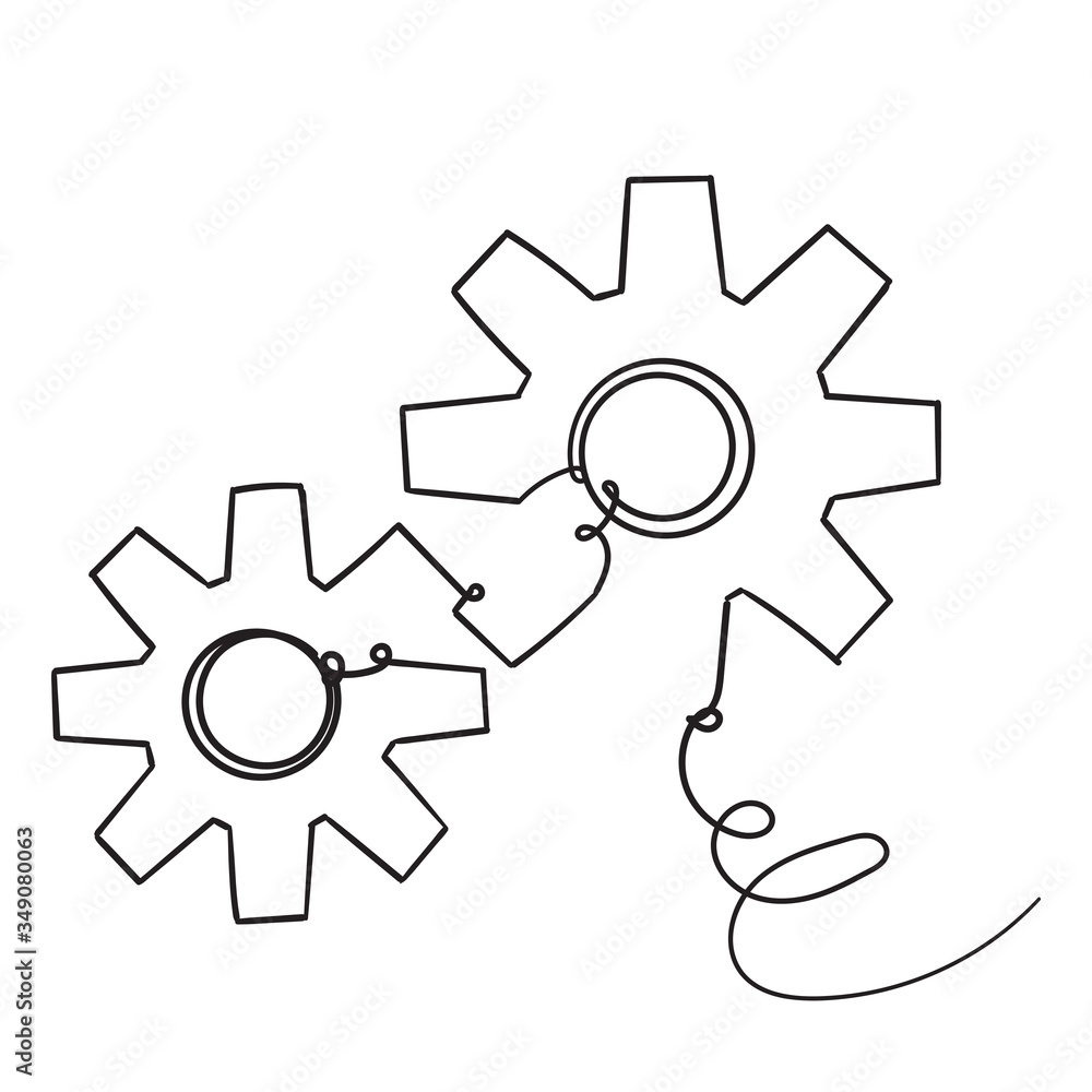 hand drawn doodle Gears are drawn by a single line on a white background. Single line drawing. Continuous line. Vector hand drawn doodle Gears are drawn by a single line on a white background. Single line drawing. Continuous line. Vector