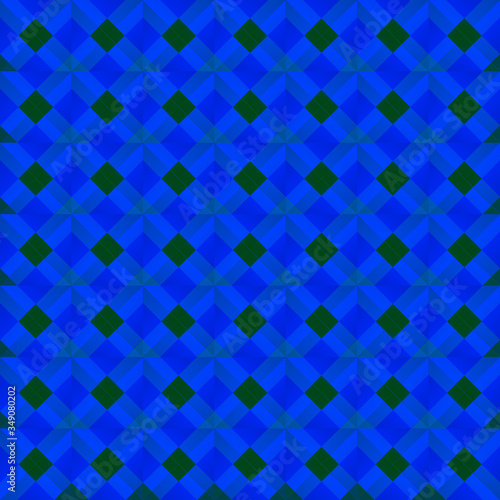 Graphic stylish pattern with dark squares and blue rhombuses in a checkerboard pattern.