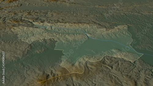 Spodnjeposavska, statistical region with its capital, zoomed and extruded on the relief map of Slovenia in the conformal Stereographic projection. Animation 3D photo