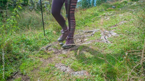 Trekking poles on expedition at Mount St. Ursula in slow motion