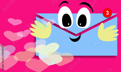 Joyful graphic. Sending a virtual hug. Email envelope symbol and the number of incoming messages, face with an expression, smile. Feelings, communication. Illustration, random love symbol background.