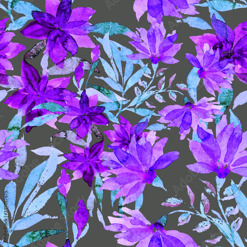 Watercolor seamless pattern with floral bouquets. Vintage botanical illustrat...