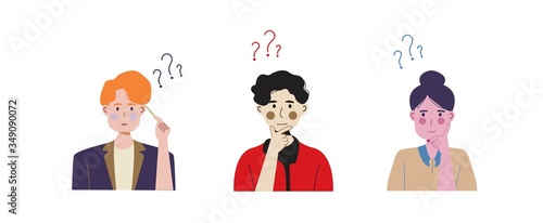 Collection of thinking people. Young man and woman are think try solve problem
