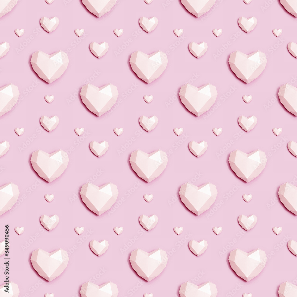 Seamless pattern with pink polygonal paper heart on pink background. Wallpaper for Valentines Day. Love concept. Plain colored. Monochrome image. Minimal style.
