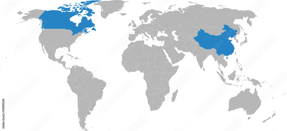 Canada, China countries isolated on world map. Light gray background. Business concepts, diplomatic, trade and transport relations.