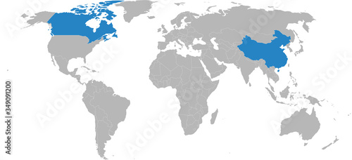 Canada, China countries isolated on world map. Light gray background. Business concepts, diplomatic, trade and transport relations.