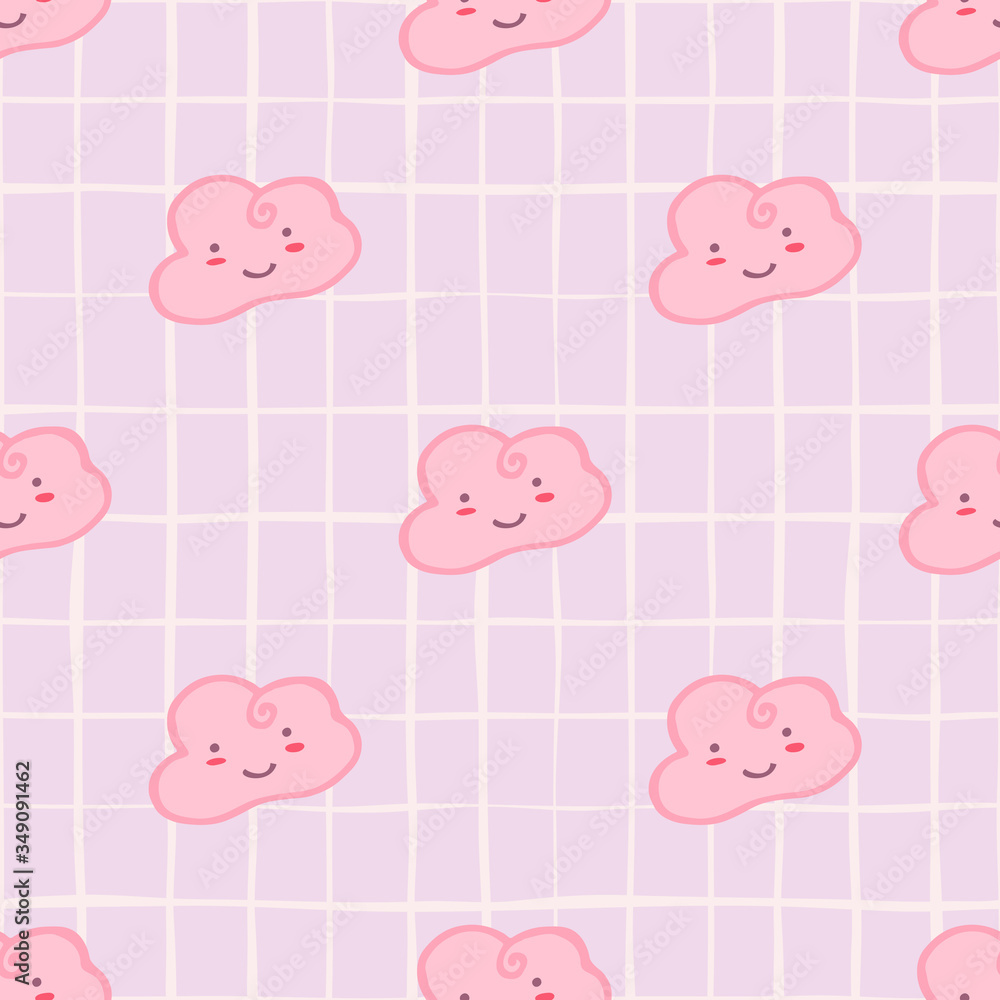 Pink cloud sky seamless pattern. Doodle character sleeping cloudy wallpaper. Pink cloud sky seamless pattern. Doodle character sleeping cloudy wallpaper.