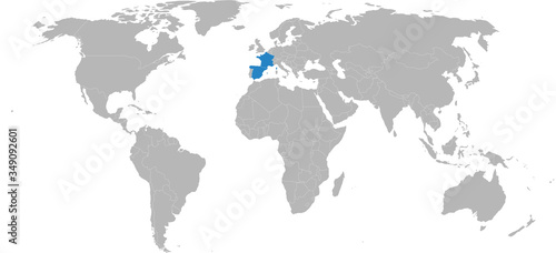 Spain  France countries isolated on world map. Light gray background. Business concepts  diplomatic  trade and transport relations.