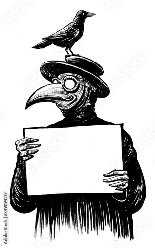 Plague doctor with crow holding blank sheet. Ink black and white drawing