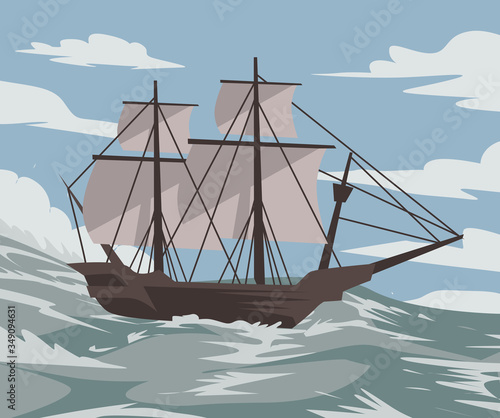 old ship vessel caravel sailing on sea