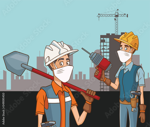 builders couple using face mask for covid19