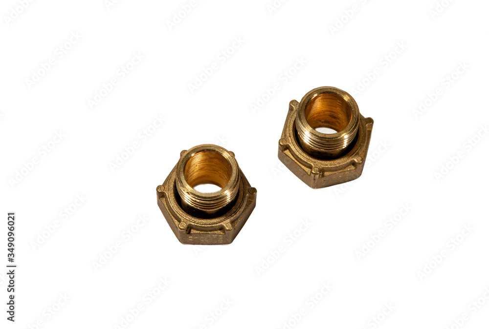 threaded bronze couplings and nuts on a white background threaded bronze couplings and nuts on a white background