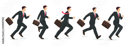 Set of running businessmen with briefcase in modern style vector illustration, business person simple flat shadow isolated on white background.