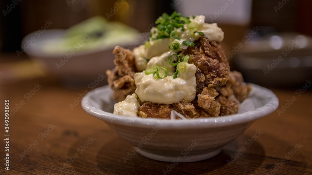 Chicken Karaage with mayonnaise is a Japanese cooking technique of deep ...