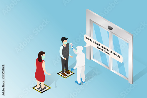 New normal, People check body Digital temperature in a medical mask. before entering gate or public areas, Limit number of people shopping at one time, coronavirus, COVID-19.