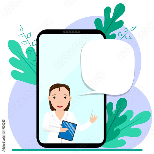 Online consultation doctor. Concept of online medicine and healthcare application for website. Medical diagnostics over the Internet. Doctor gives an advice online. Flat vector illustration.