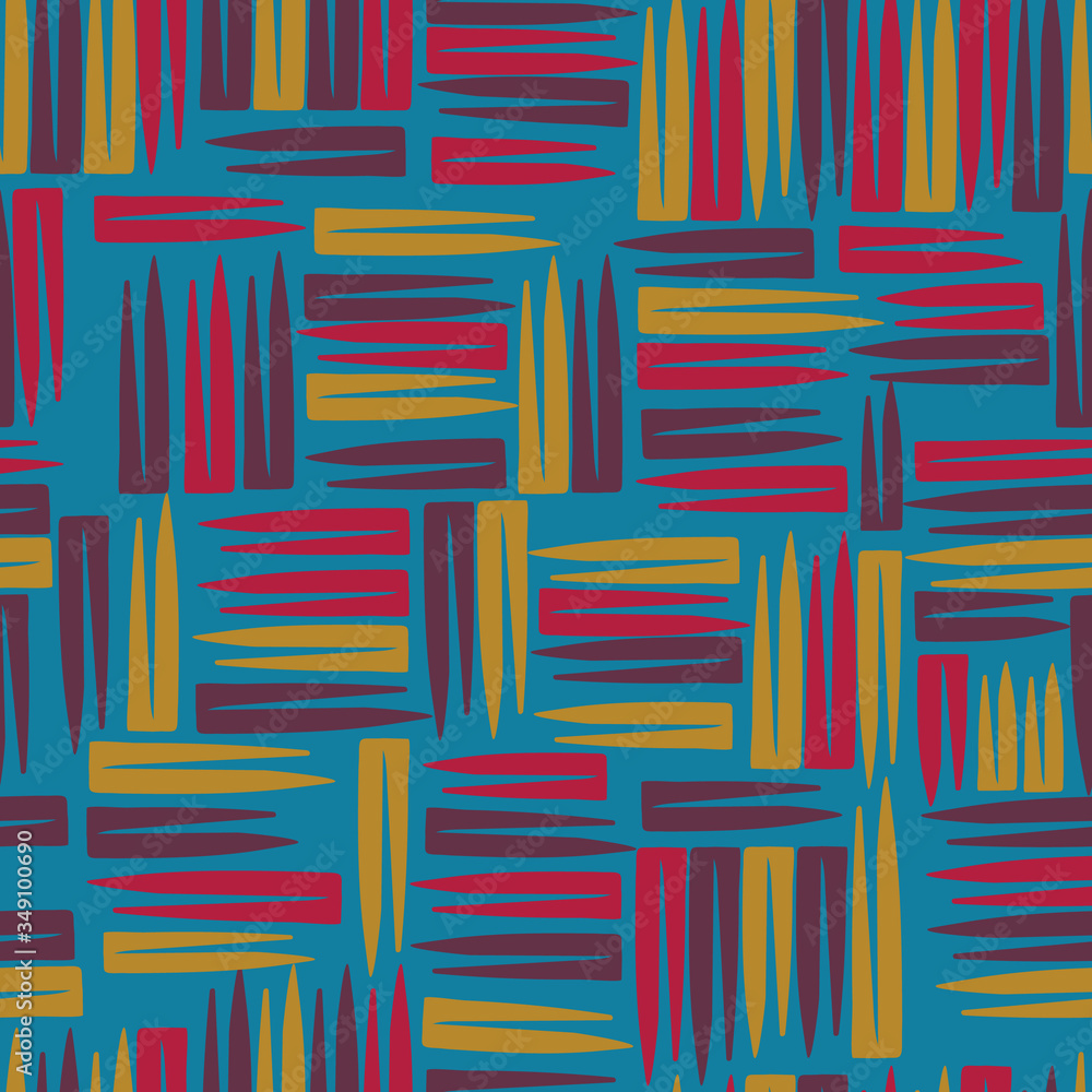 Blue with pointy triangles in red, yellow, maroon seamless pattern background design.