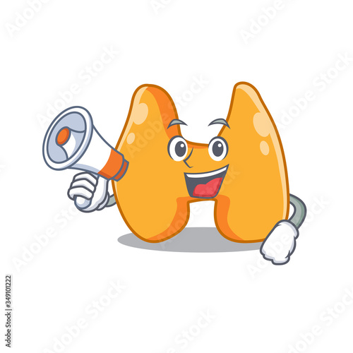 Mascot design of thyroid announcing new products on a megaphone
