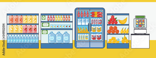 Supermarket with fruits, vegetables, drinks, sausages and other products. Shelves and fridges with food stuff. Vector illustration in cartoon style