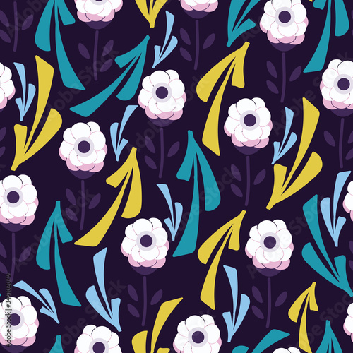 Dark blue with whimsical white and pink flowers with long leaves seamless pattern background design.