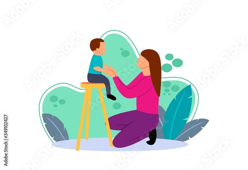 Flat illustration of a young mother playing with her son sitting on a chair. flat cartoon character with the concept of mother and child love. Have free time when at home.