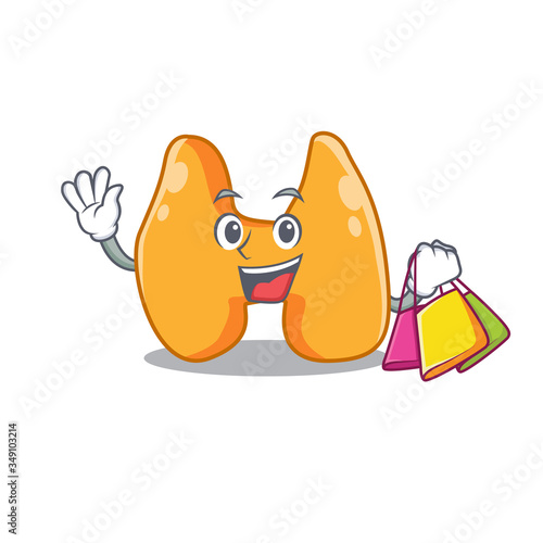 wealthy thyroid cartoon character with shopping bags
