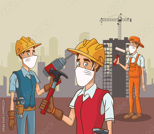 group of builders using face mask for covid19