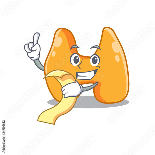 Thyroid mascot character style with a menu on his hand
