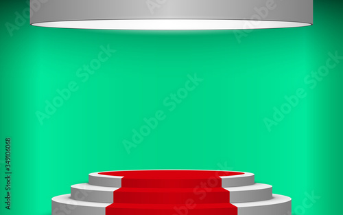 white podium and red carpet with spotlight in the green room