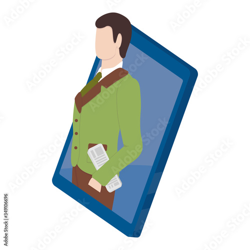 Business video call. Businessman in suit with newspaper on mobile phone screen. Work from home. Virtual conversation online. Working conference. Vector illustration isolated on a white background.