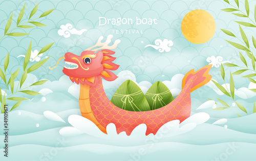 Dragon boat festival with rich dumplings  colorful sky background. Vector illustration. 